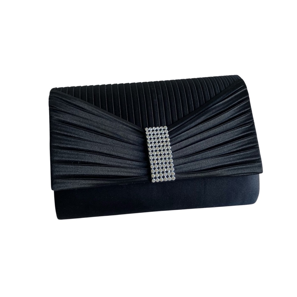 Vintage Jessica McClintock Black Crystal Prom Bow Embellished Clutch Satin Bag